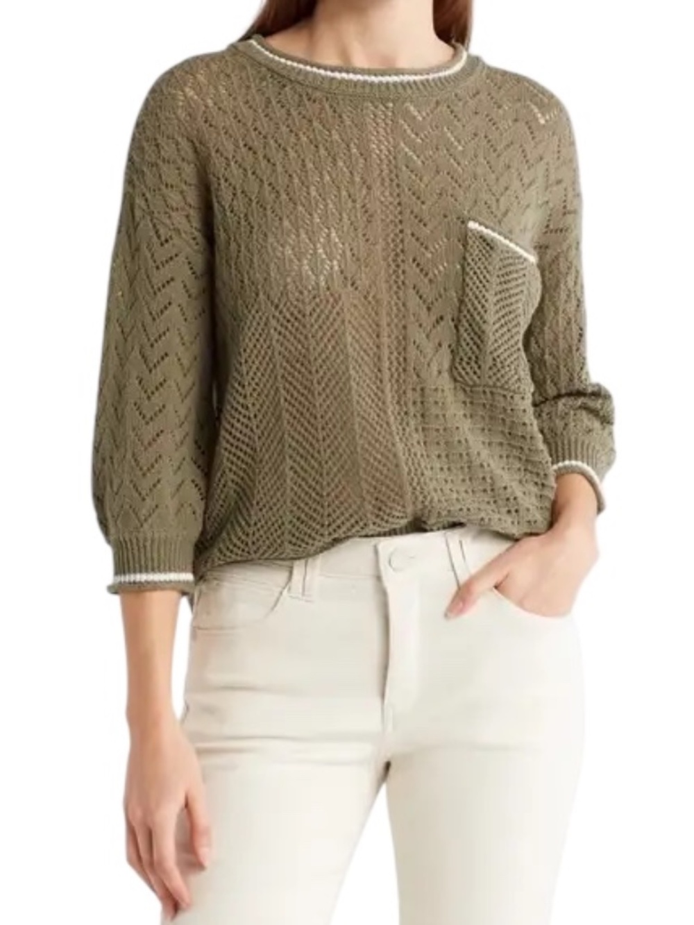Democracy Pointelle Tipped Sweater - Olive Green Size S